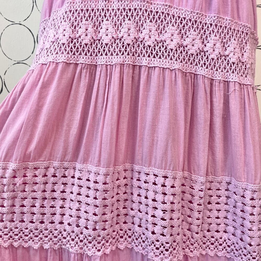 Crochet Tiered Maxi Dress Womens L Pink Purple Cottage Boho Romantic Cotton - Picture 12 of 15